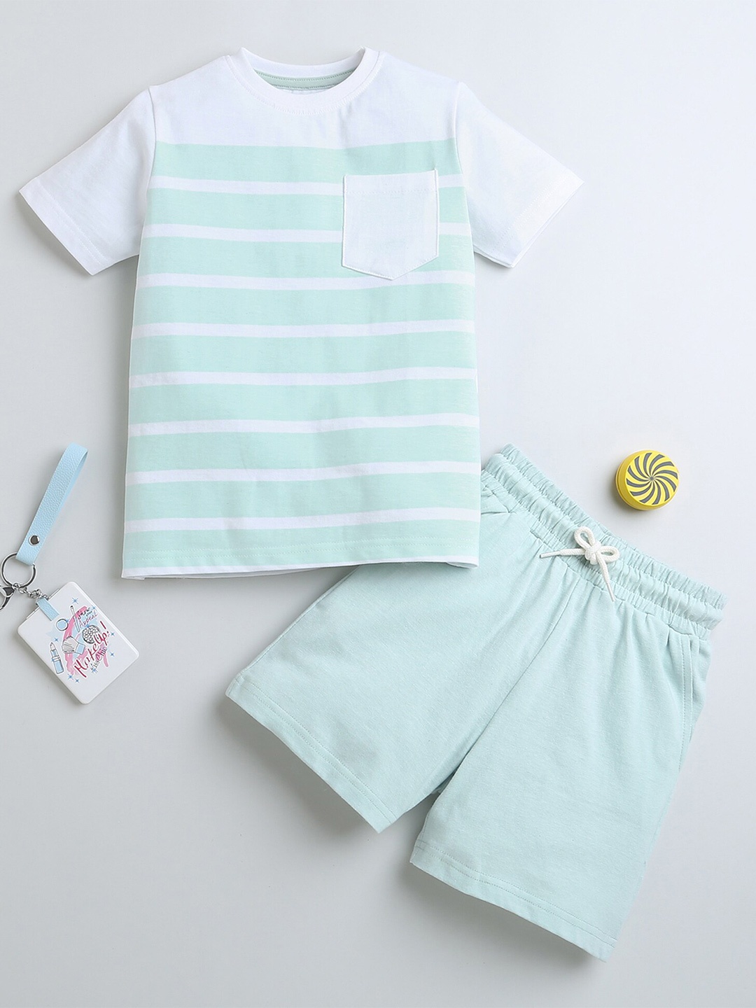 

BUMZEE Boys Striped T-shirt with Shorts, Sea green