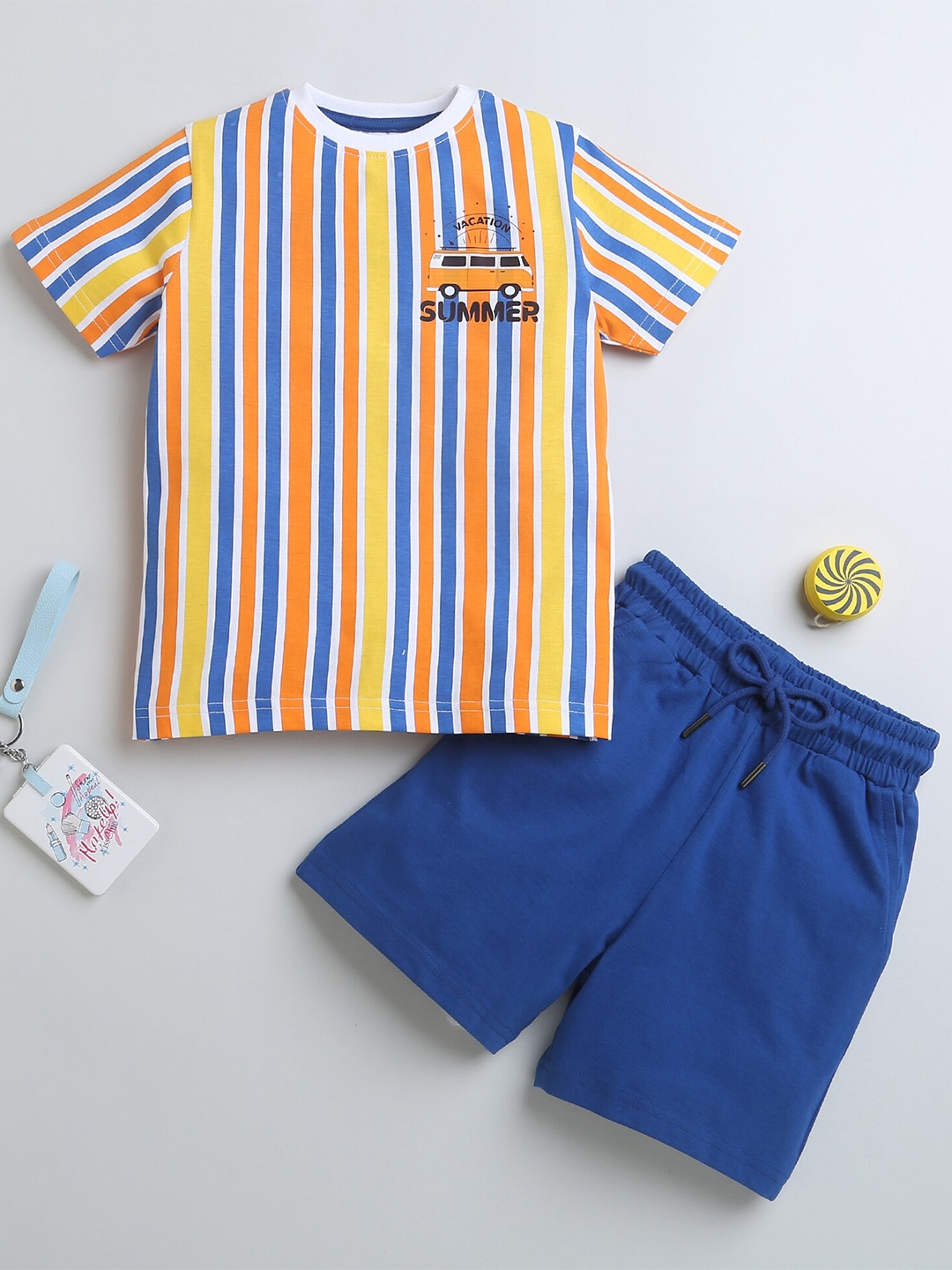 

BUMZEE Boys Striped T-shirt with Shorts, Blue