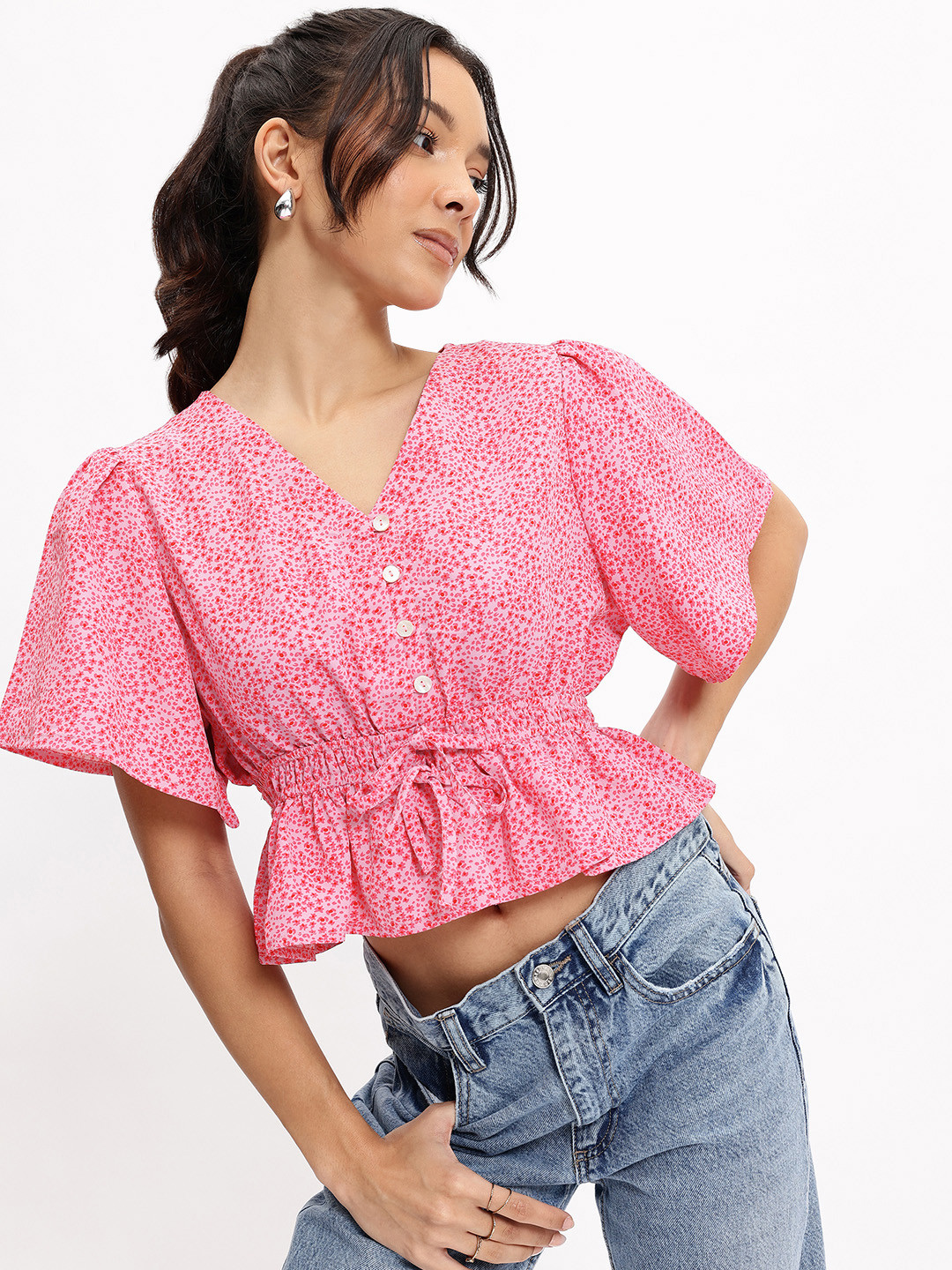 

DressBerry Dainty Flowers Cinched Waist Top, Pink