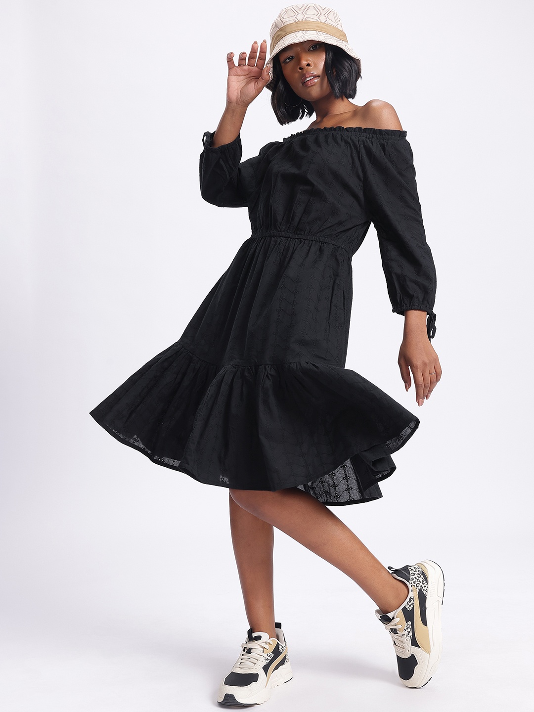 

DressBerry Broderie Galore Off-Shoulder A-Line Midi Dress, Black