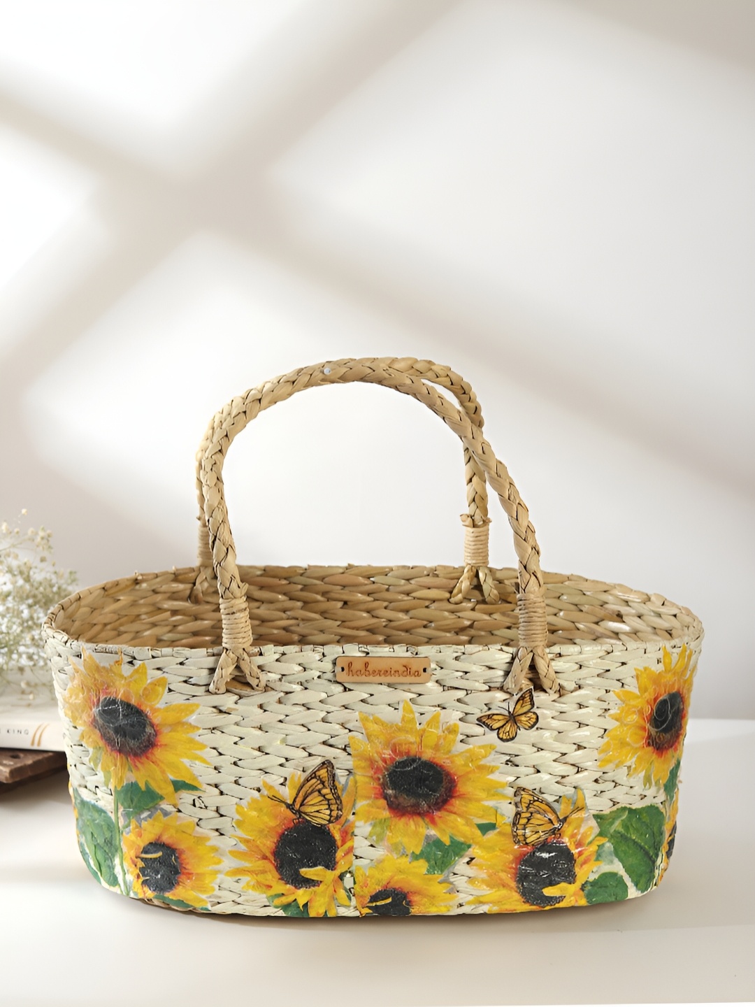 

HABERE INDIA Yellow & Beige Printed Seagrass Fruit & Vegetable Basket