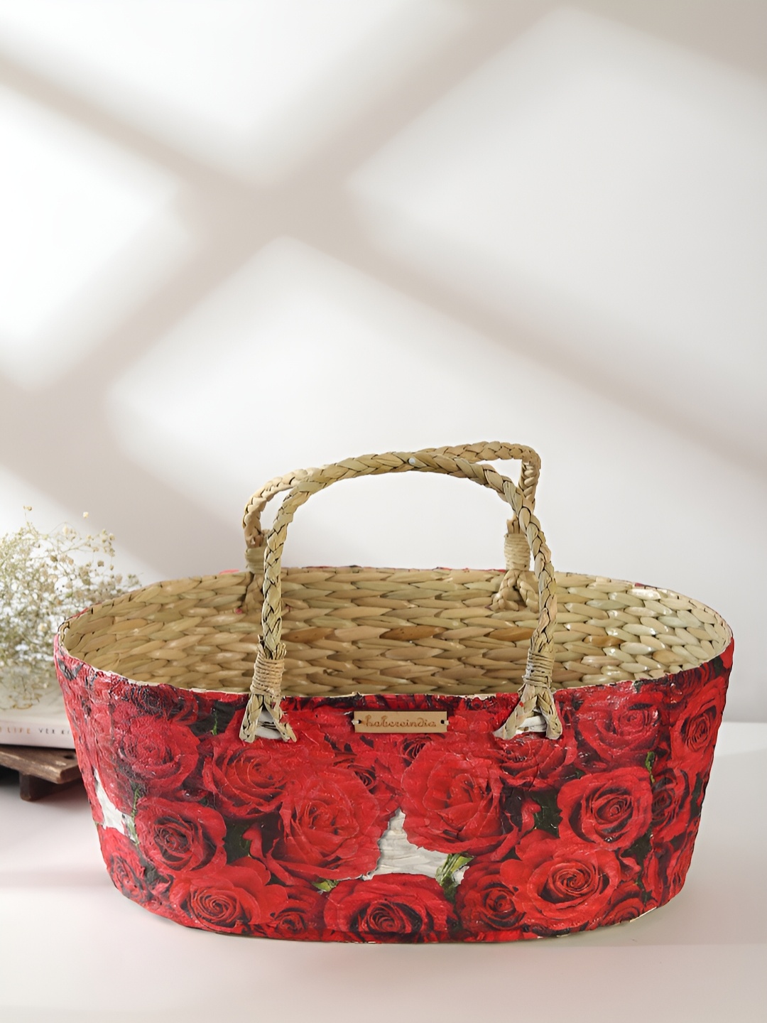 

HABERE INDIA Red & Beige Printed Seagrass Fruit & Vegetable Basket