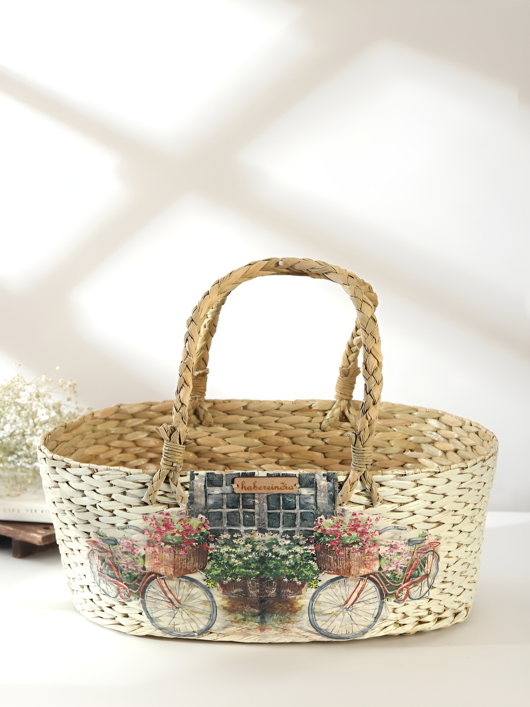 

HABERE INDIA White & Grey Printed Seagrass Fruit & Vegetable Basket