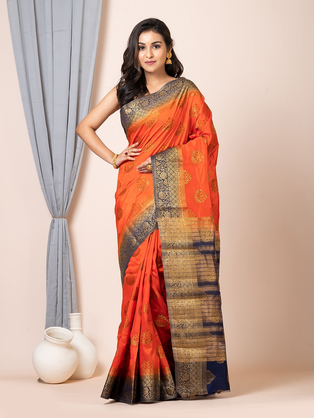 

Laa Calcutta Ethnic Woven Design Zari Pure Silk Saree, Orange