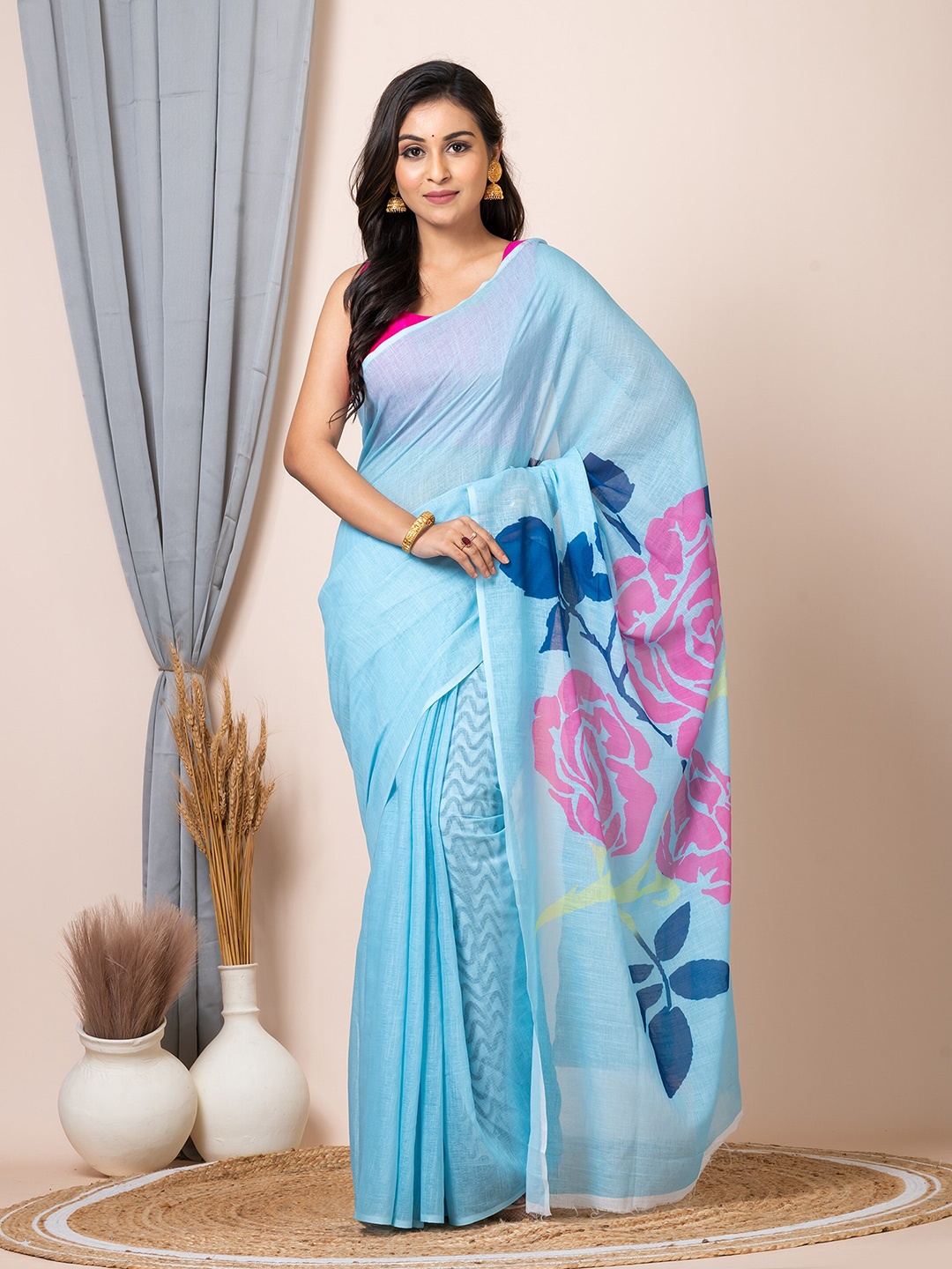

Laa Calcutta Floral Printed Pure Cotton Saree, Sea green