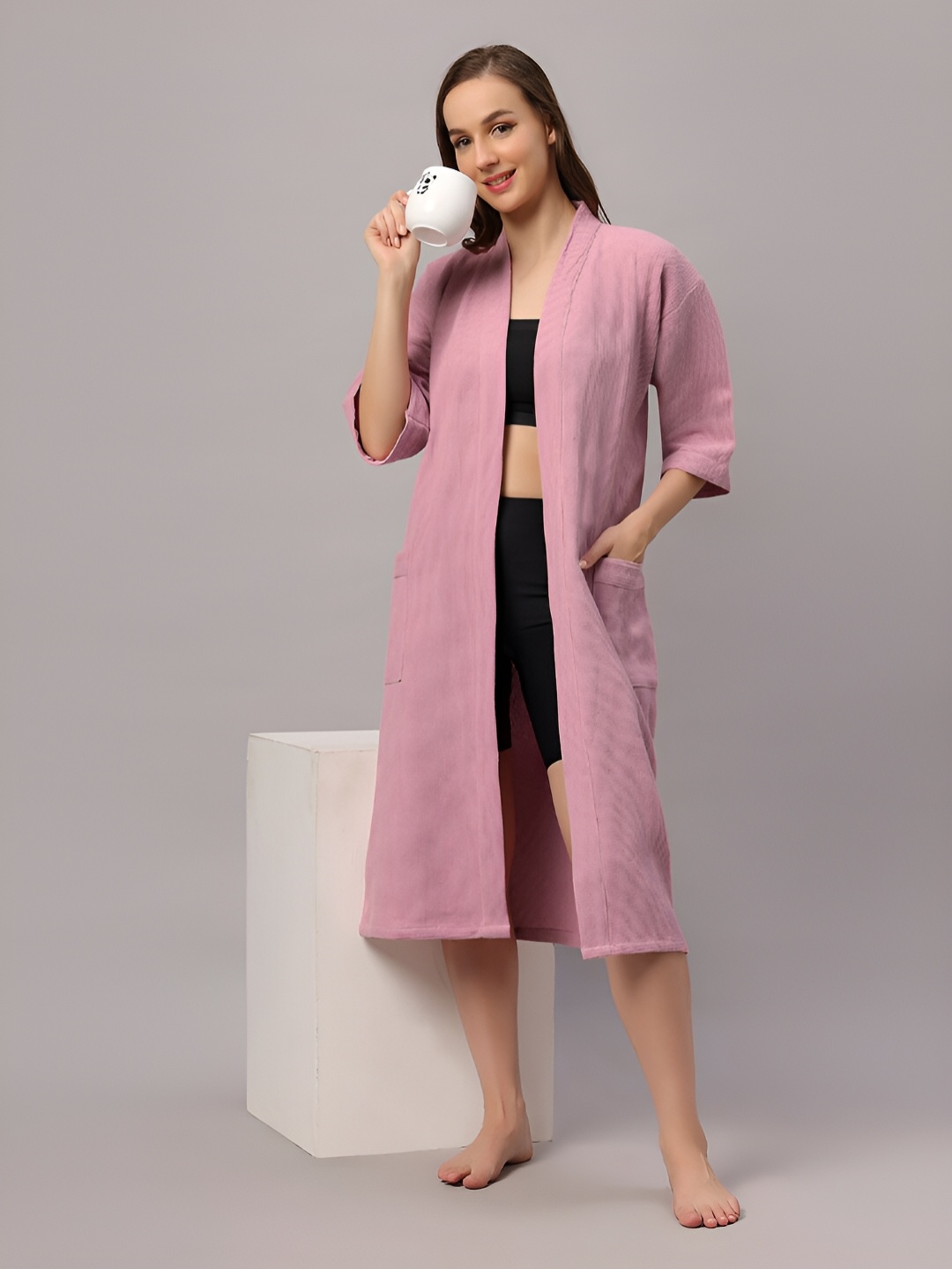 

LacyLook Waffle Cotton Textured Ribbed Shawl Collar Ribbed Bath Robe, Pink