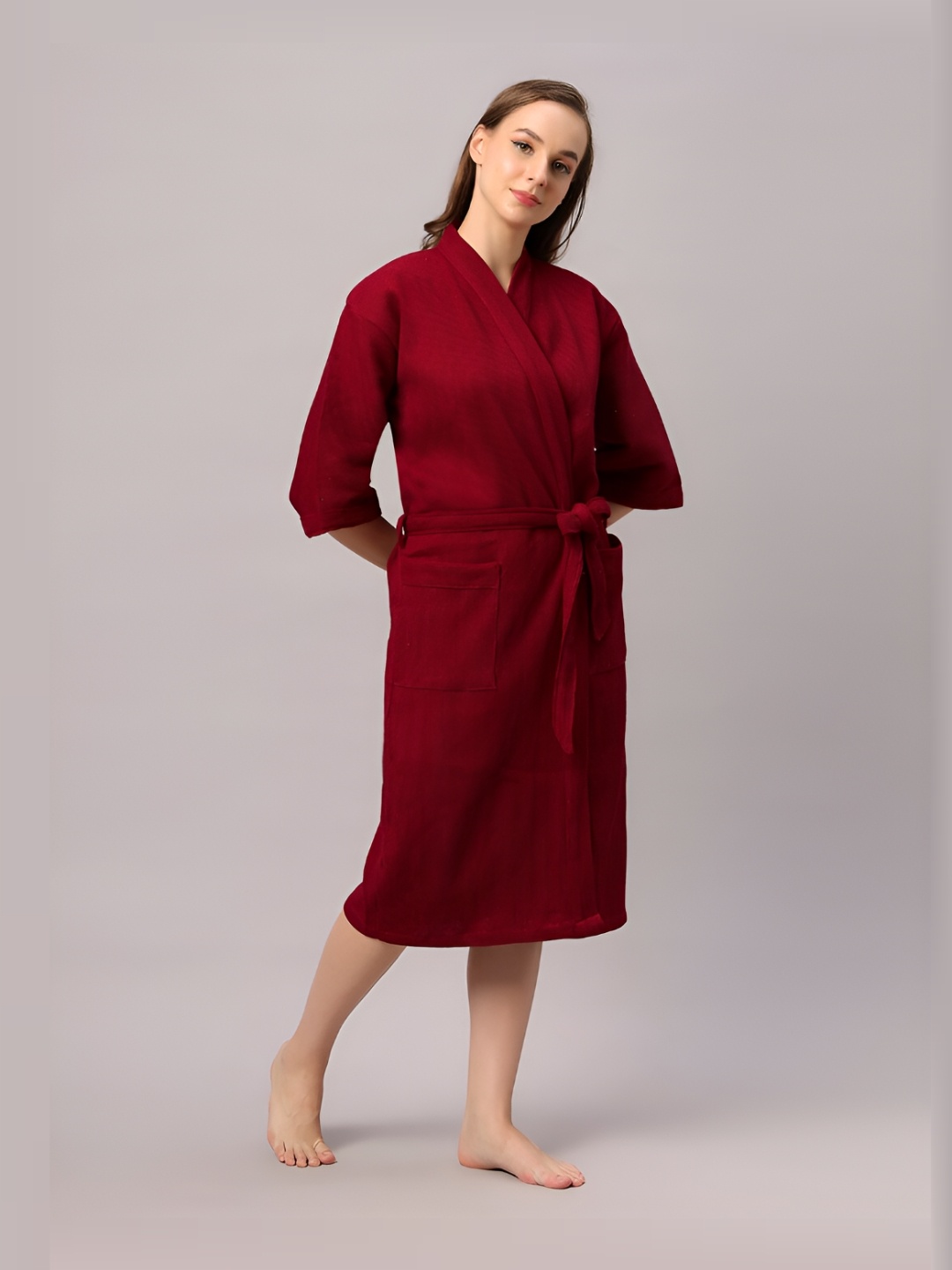 

LacyLook Waffle Cotton Ribbed Shawl Collar Bathrobe, Maroon