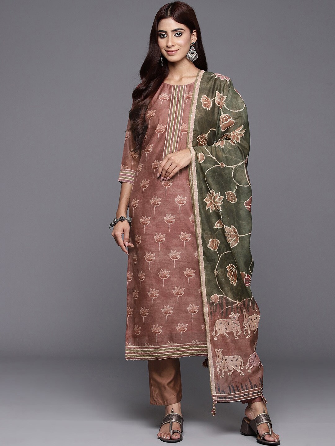 

Mitera Rust Colored Floral Printed Kurta With Trousers & Dupatta