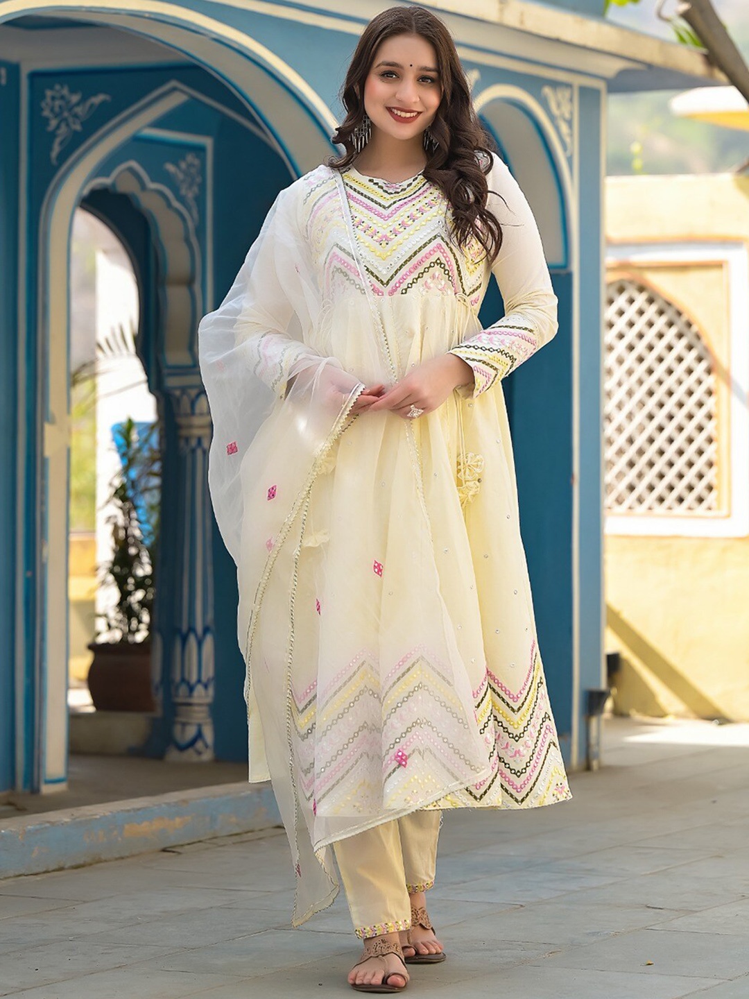 

Mitera Floral Embroidered Pleated Mirror Work Pure Cotton Kurta with Trousers & Dupatta, Off white