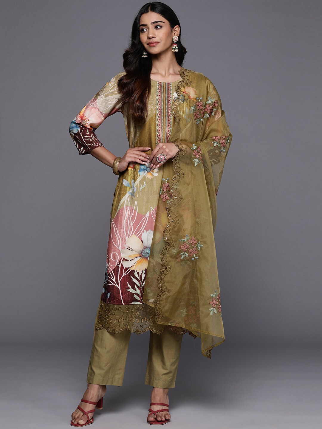 

Mitera Olive Floral Printed Thread Work Kurta With Trousers & Dupatta