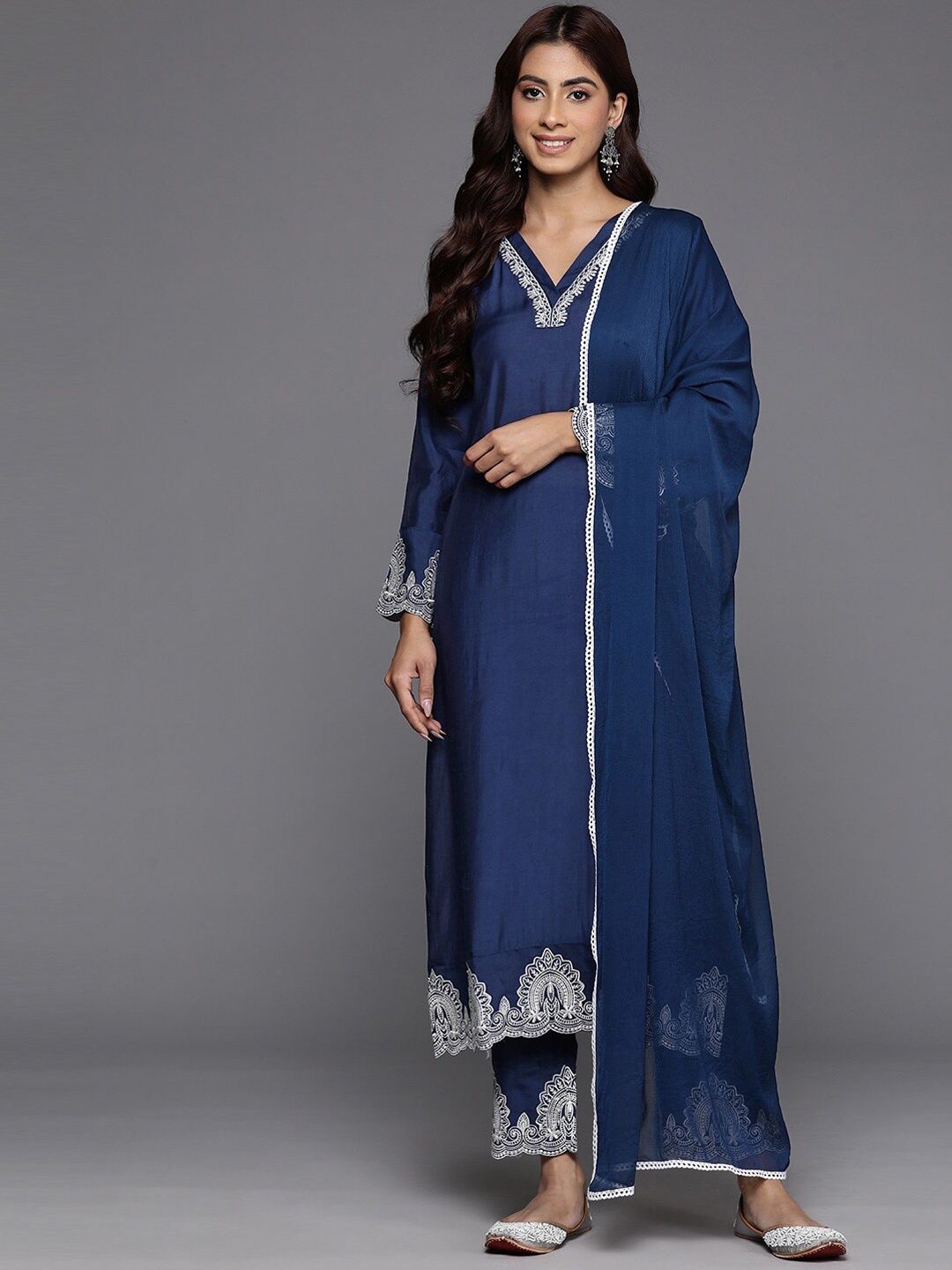 

Mitera Blue Floral Embroidered Thread Work Kurta With Trousers & Dupatta