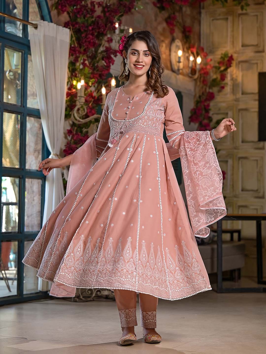 

Mitera Ethnic Motifs Embroidered Thread Work Pure Cotton Kurta With Trouser & Dupatta, Peach