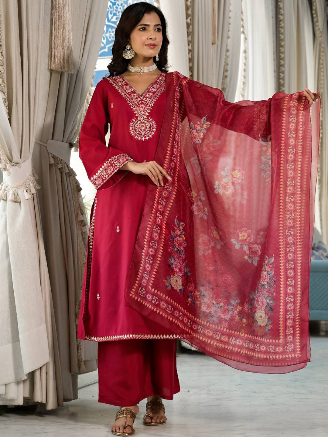 

Mitera Red Ethnic Motifs Embroidered Mirror Work Kurta With Trousers & Dupatta