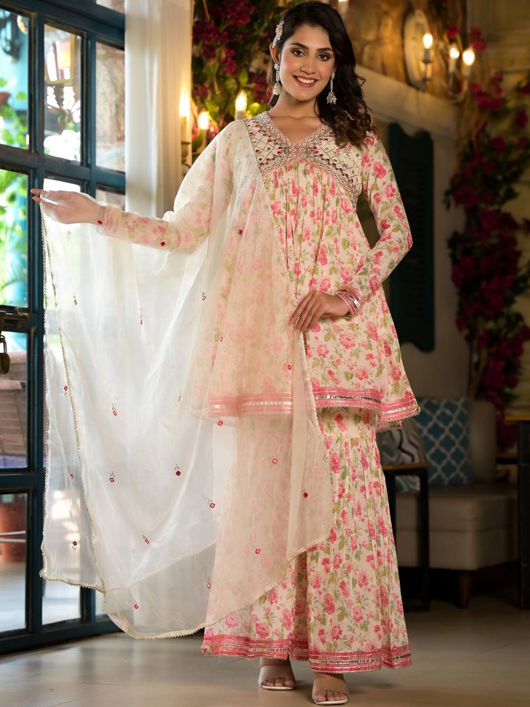 

Mitera Floral Printed Mirror Work Pure Cotton Kurta With Sharara & With Dupatta, Off white