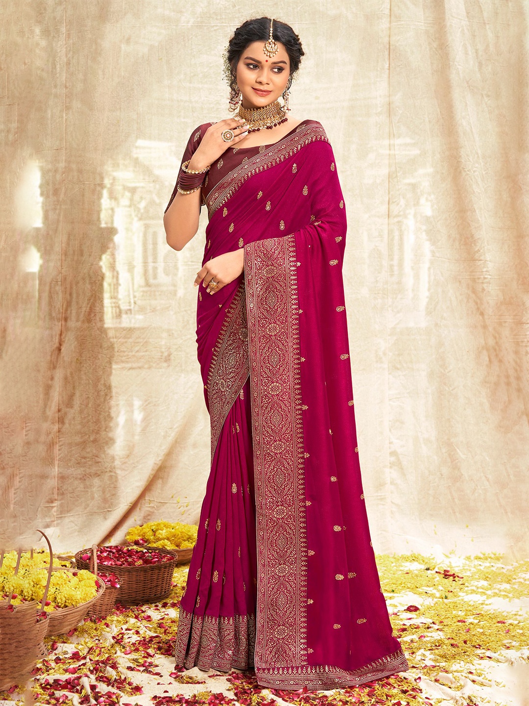 

VIRICA Floral Silk Cotton Saree, Pink