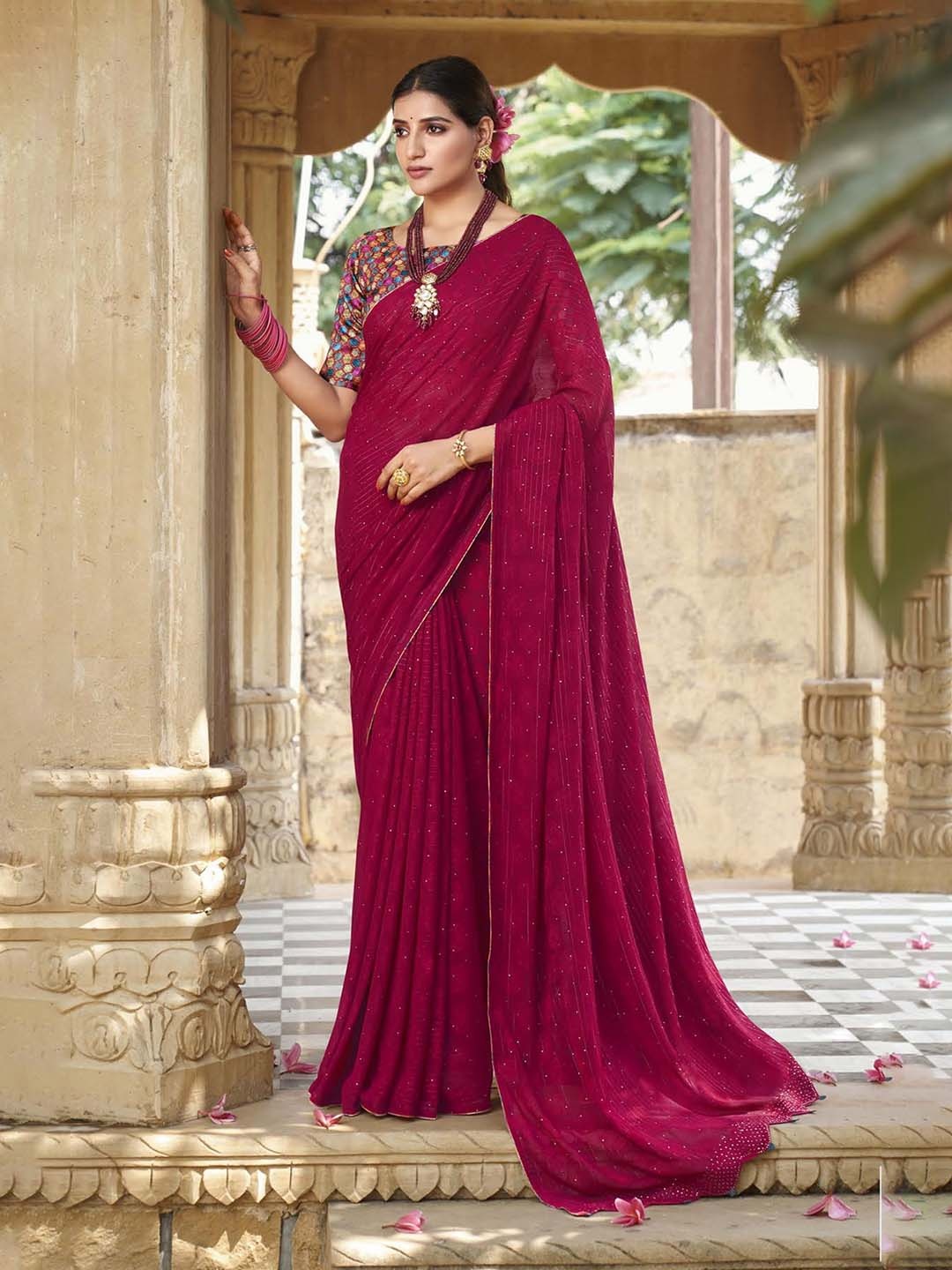 

VIRICA Floral Beads and Stones Pure Georgette Saree, Green