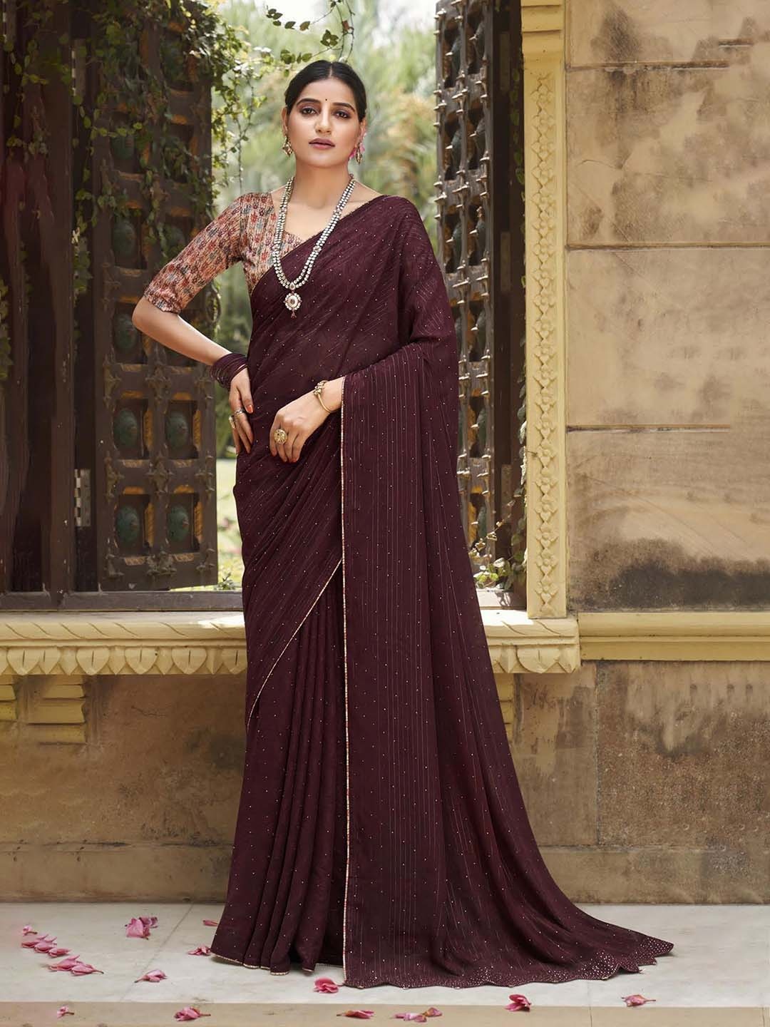 

VIRICA Floral Embroidered Pure Georgette Saree, Rust