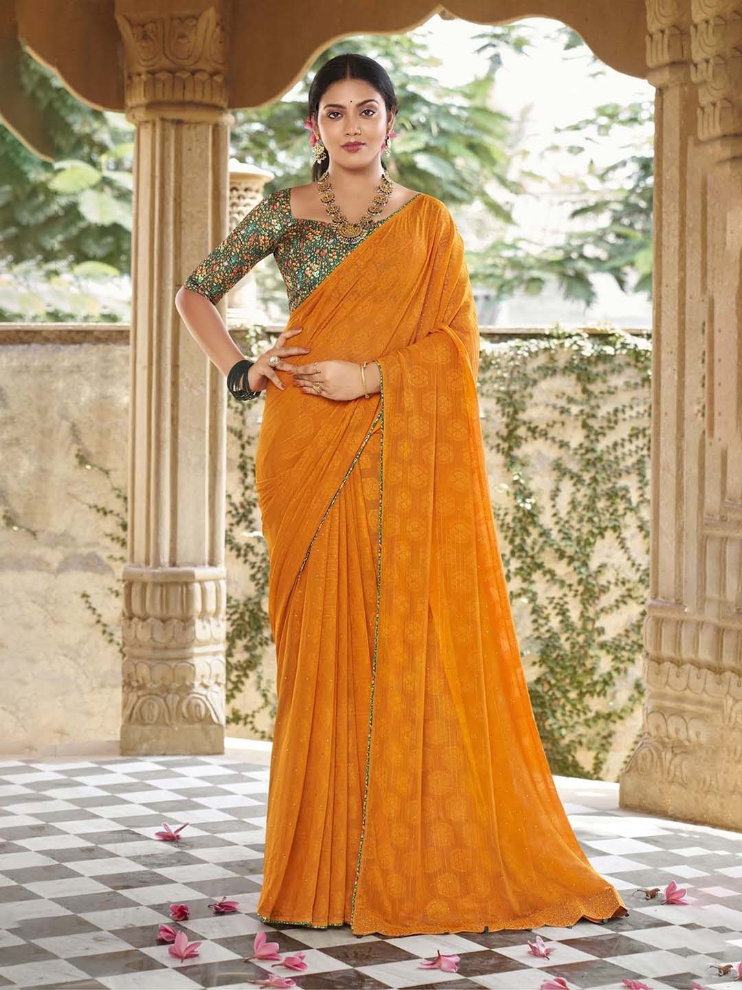

VIRICA Floral Woven Design Pure Georgette Saree, Green