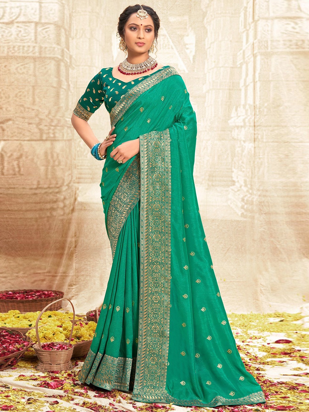 

VIRICA Ethnic Motifs Woven Design Zari Silk Cotton Saree, Sea green