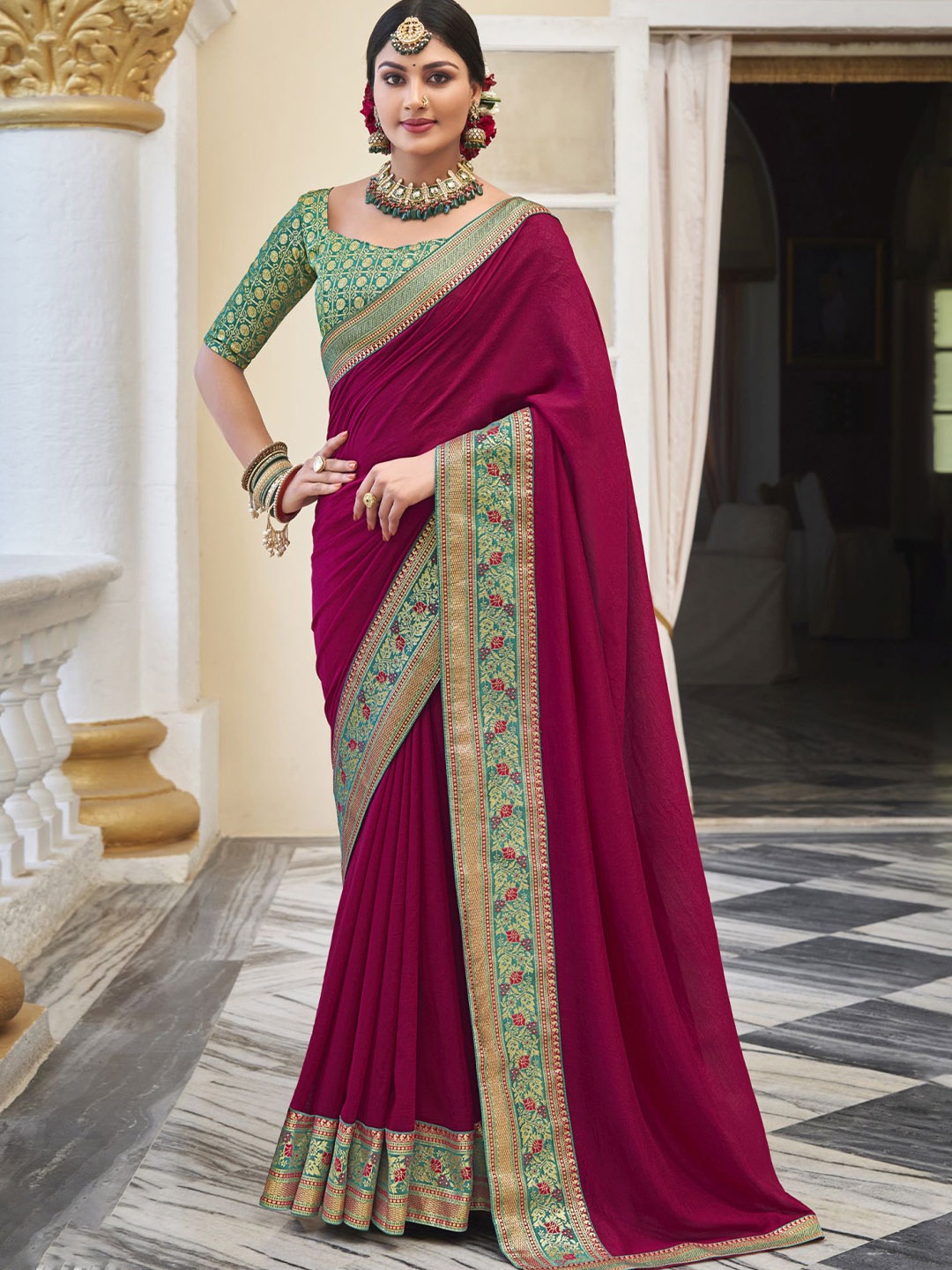 

VIRICA Zari Silk Cotton Saree, Pink