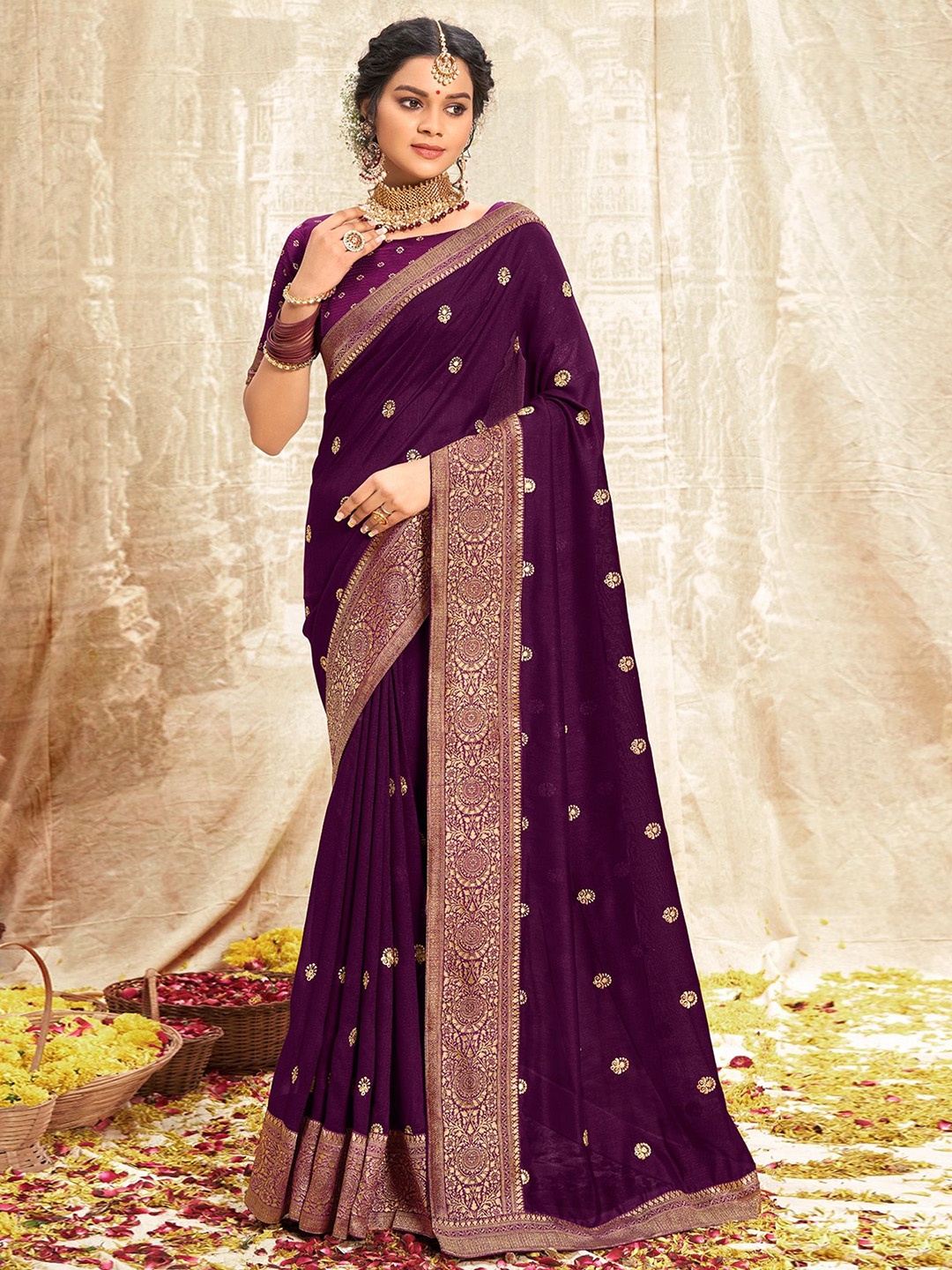 

VIRICA Floral Woven Design Zari Silk Cotton Saree, Brown