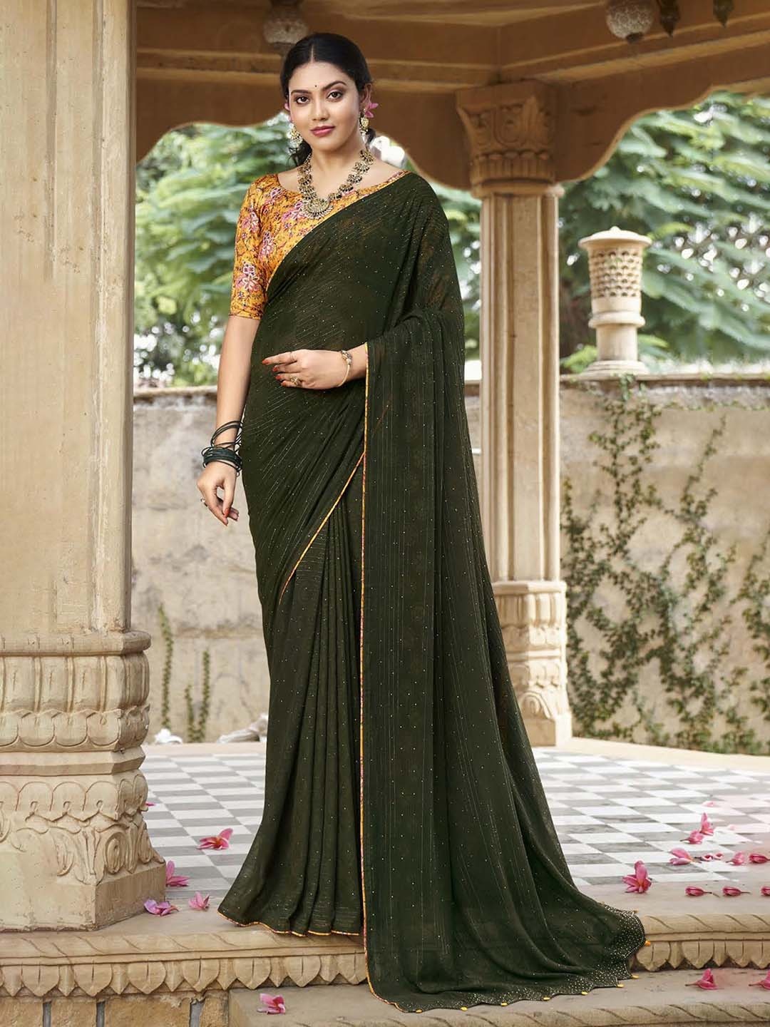 

VIRICA Floral Embellished Zari Saree, Green