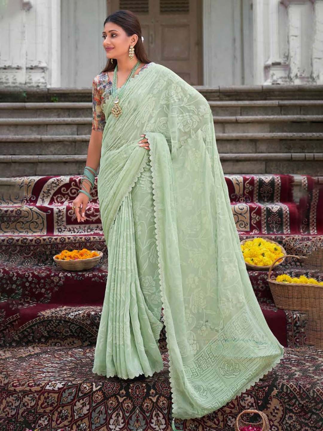 

VIRICA Beads and Stones Pure Chiffon Saree, Green