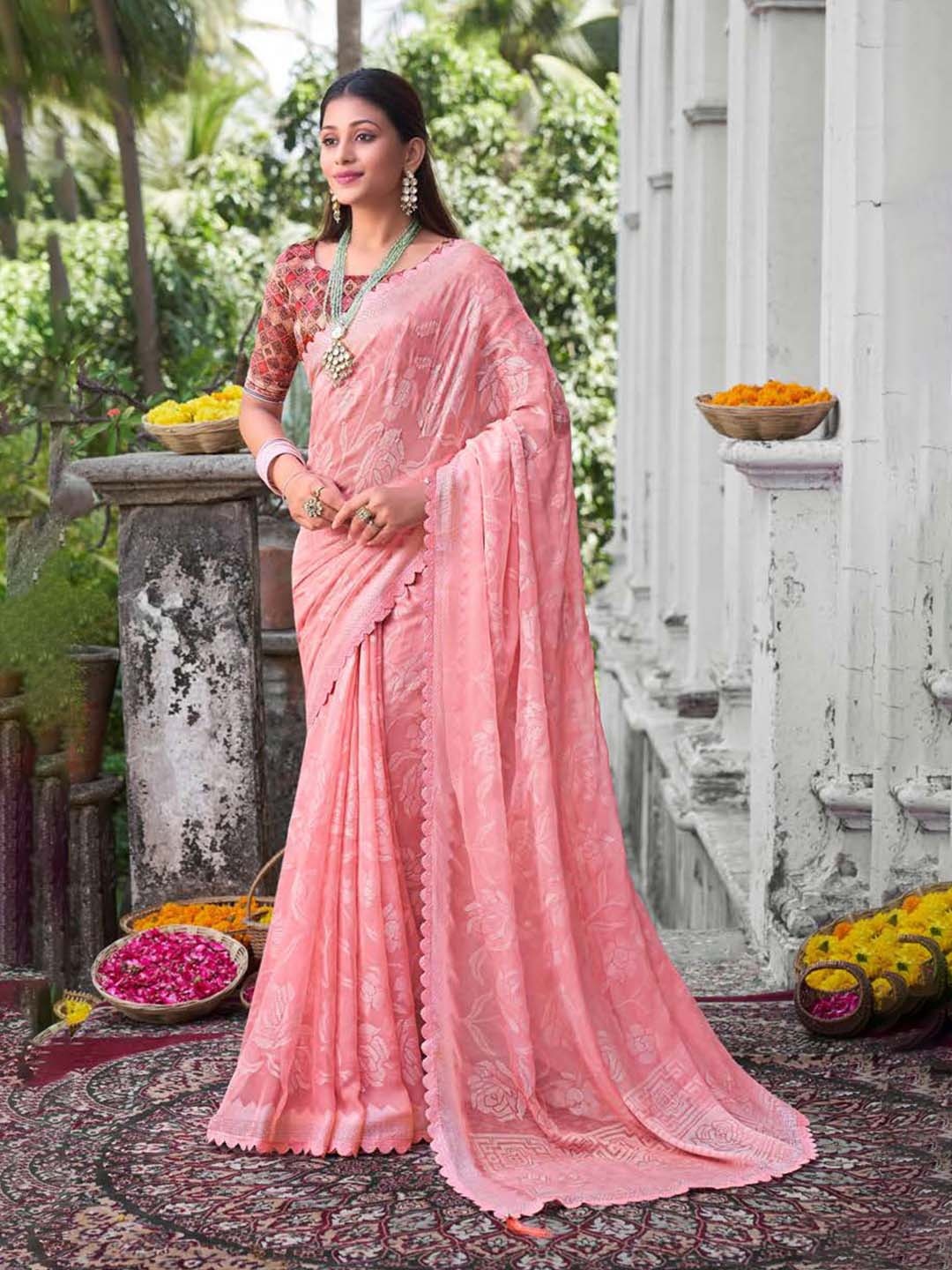 

VIRICA Woven Design Pure Chiffon Saree, Peach