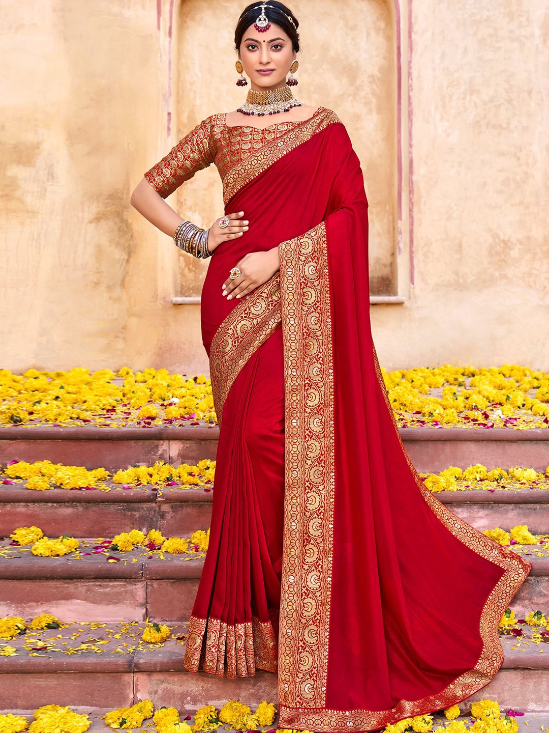 

VIRICA Woven Design Zari Silk Cotton Saree, Red