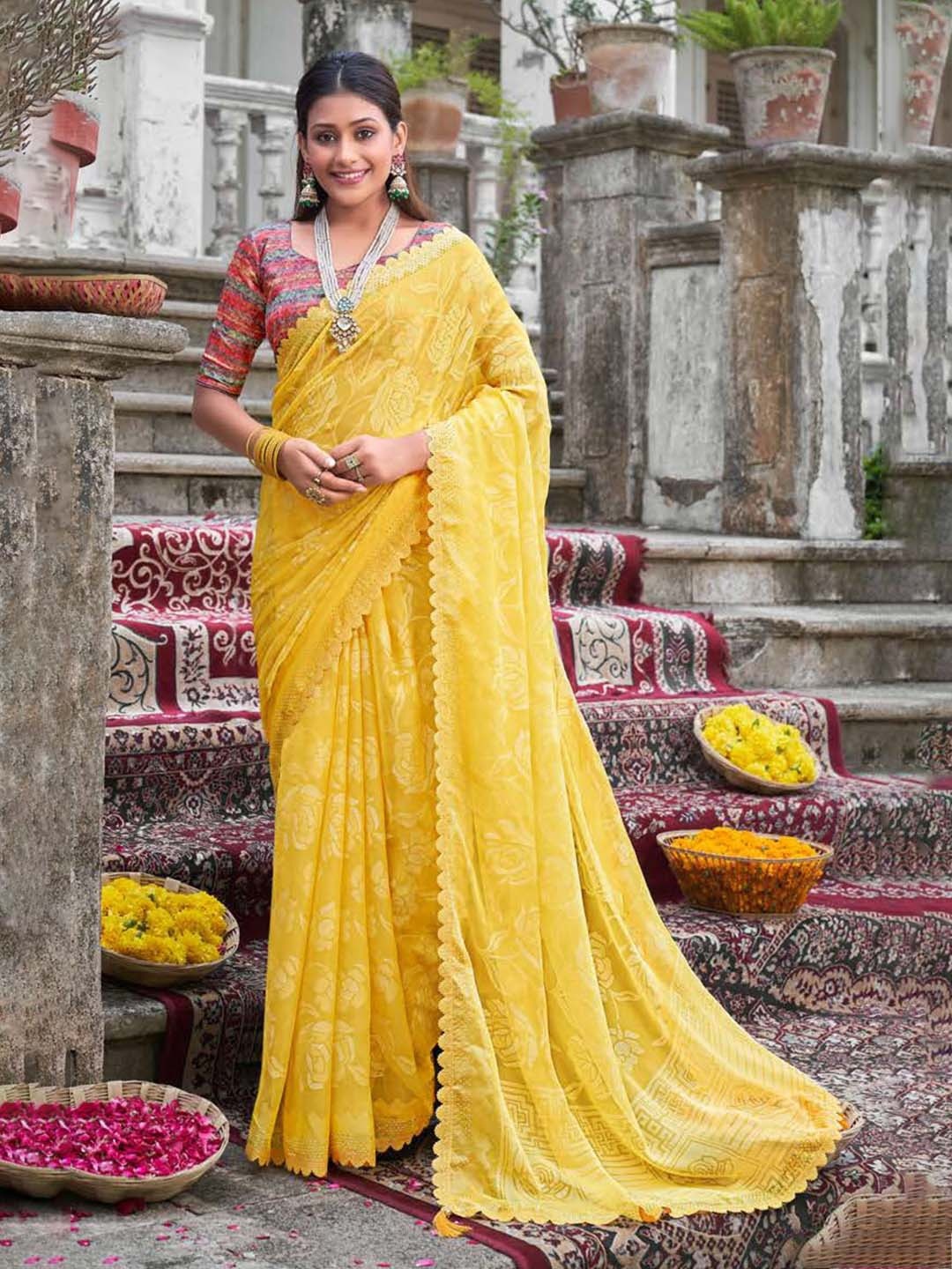 

VIRICA Floral Beads and Stones Pure Chiffon Saree, Yellow