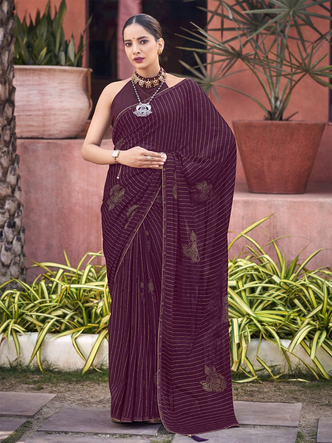 

VIRICA Striped Pure Chiffon Saree, Purple