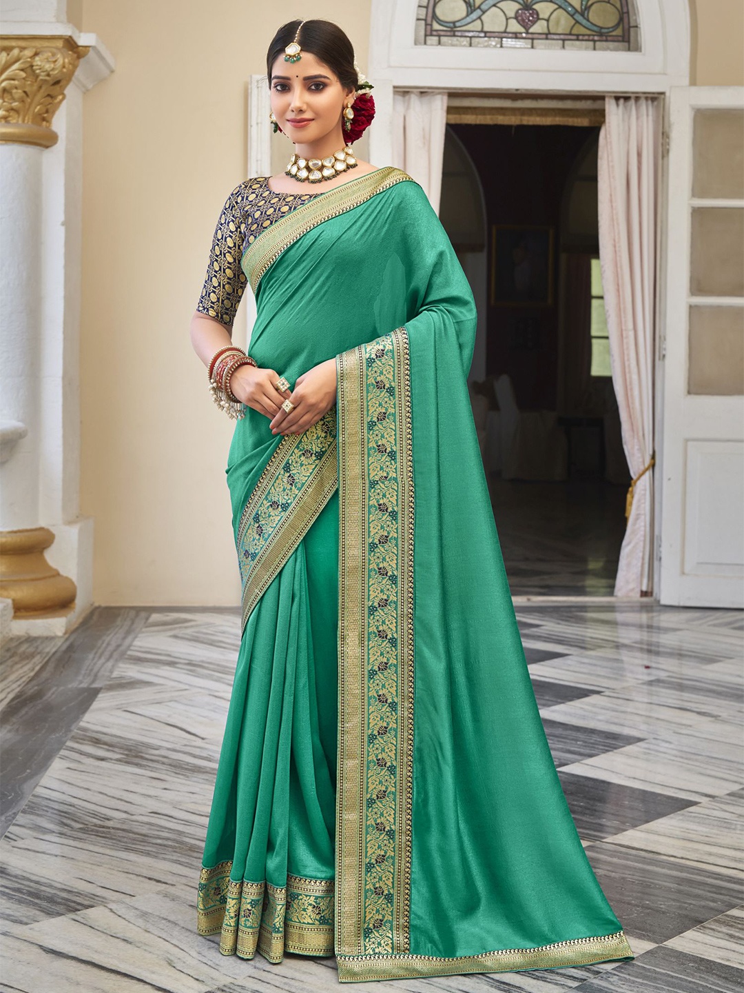 

VIRICA Ethnic Woven Design Zari Silk Cotton Saree, Sea green