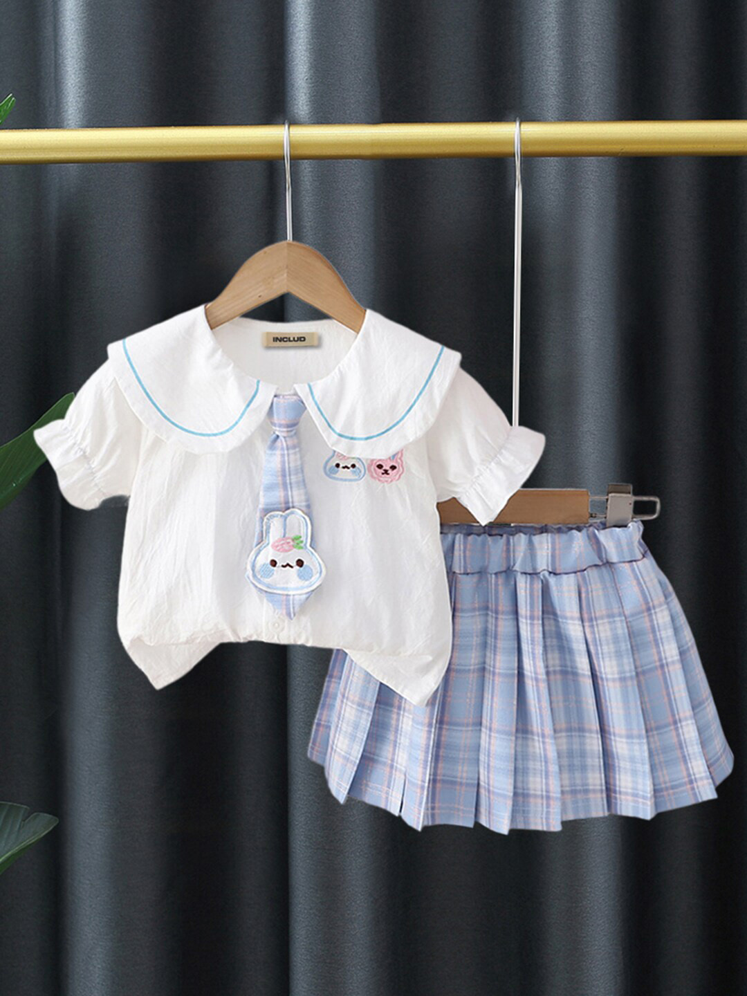 

INCLUD Girls Peter Pan Collar Puff Sleeves Top & Skirt Clothing Set, Blue