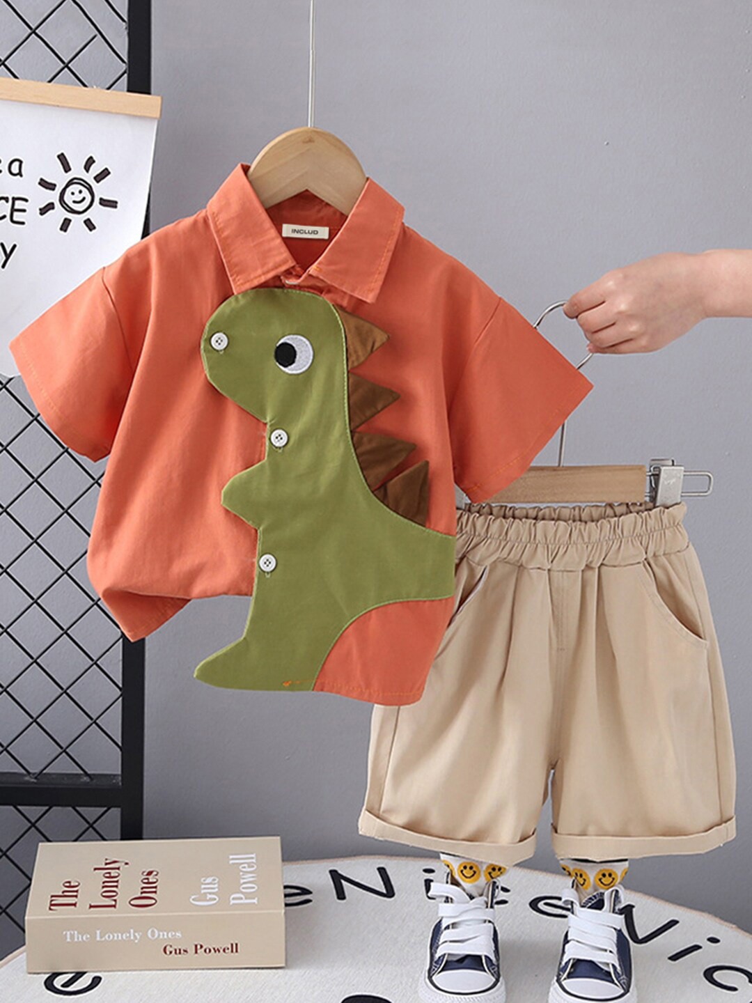 

INCLUD Boys Printed Shirt Collar Short Sleeves Shirt With Short, Orange