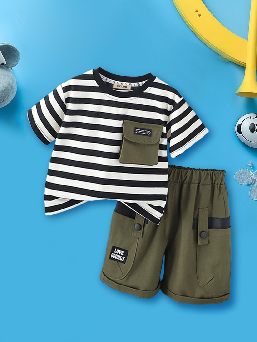 INCLUD Boys Striped T-shirt & Shorts Clothing Set, Green