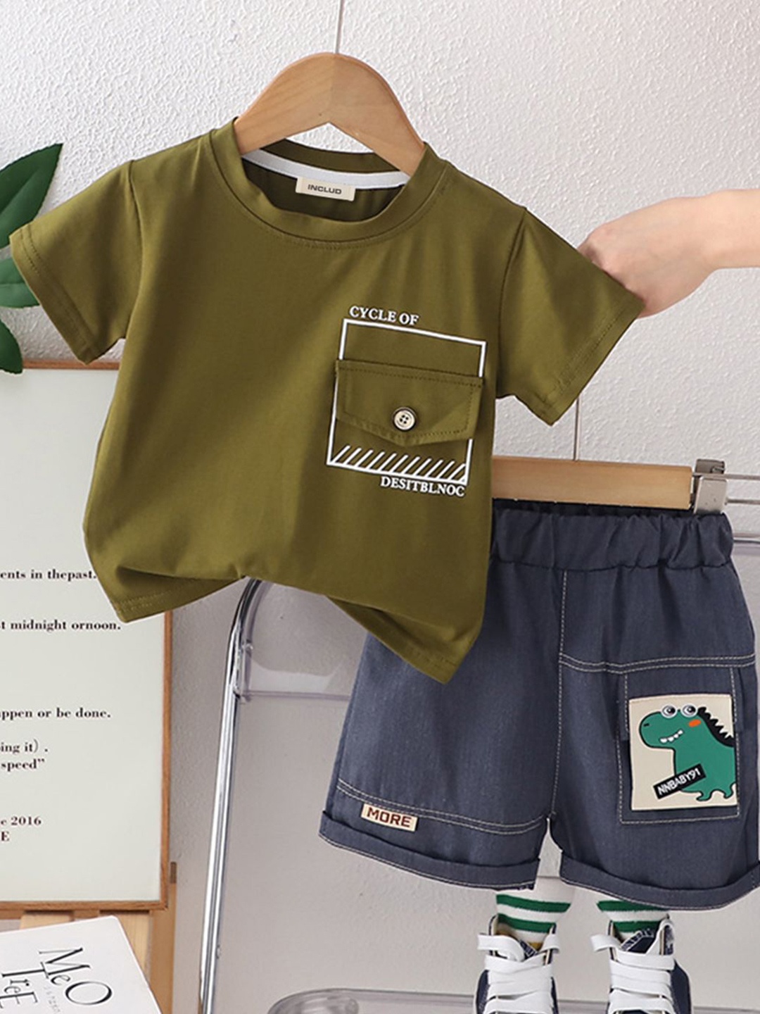 

INCLUD Boys Printed Round Neck T-shirt with Graphic Denim Shorts, Green