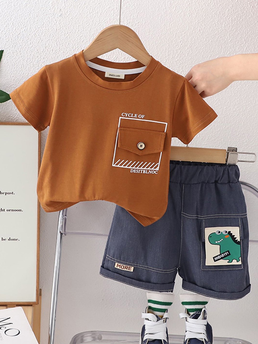 

INCLUD Boys Printed T-shirt with Graphic Denim Shorts, Brown