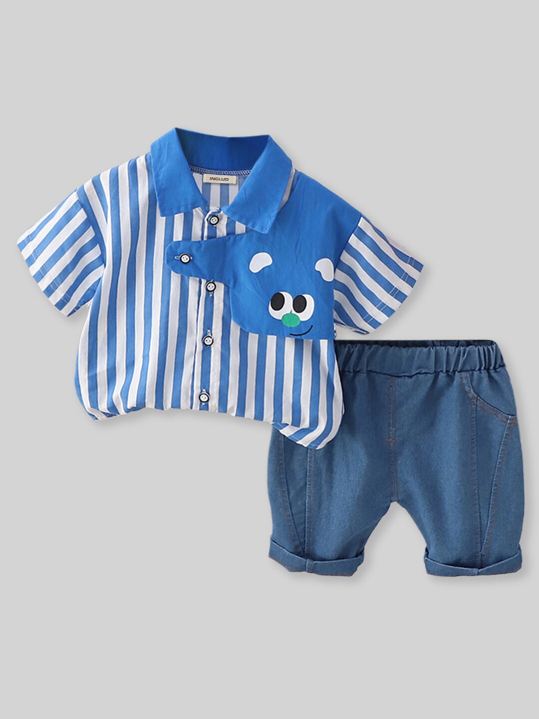 

INCLUD Boys Striped Shirt Collar Short Sleeves Shirt With Short, Blue
