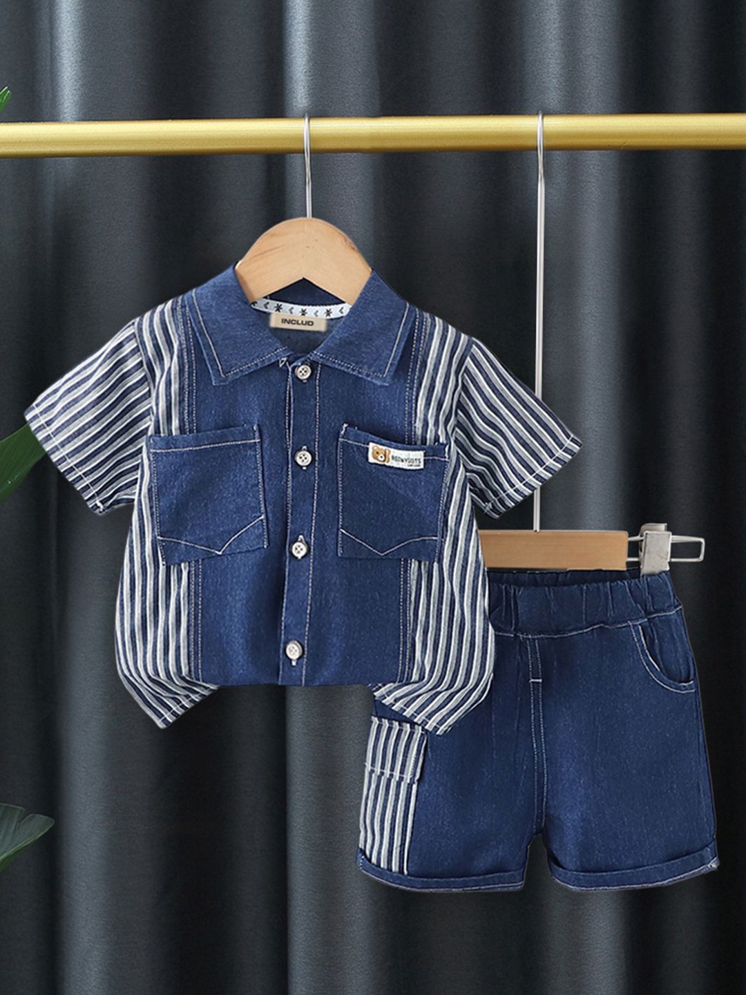 

INCLUD Boys Striped Short Sleeve Denims Shirt With Denim Shorts, Blue