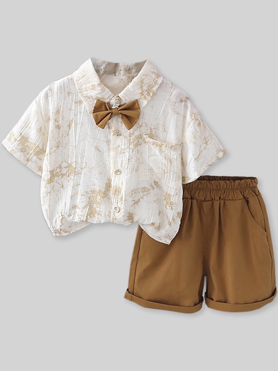 

INCLUD Boys Printed Shirt Collar Short Sleeves Pure Cotton Shirt with Short, Brown