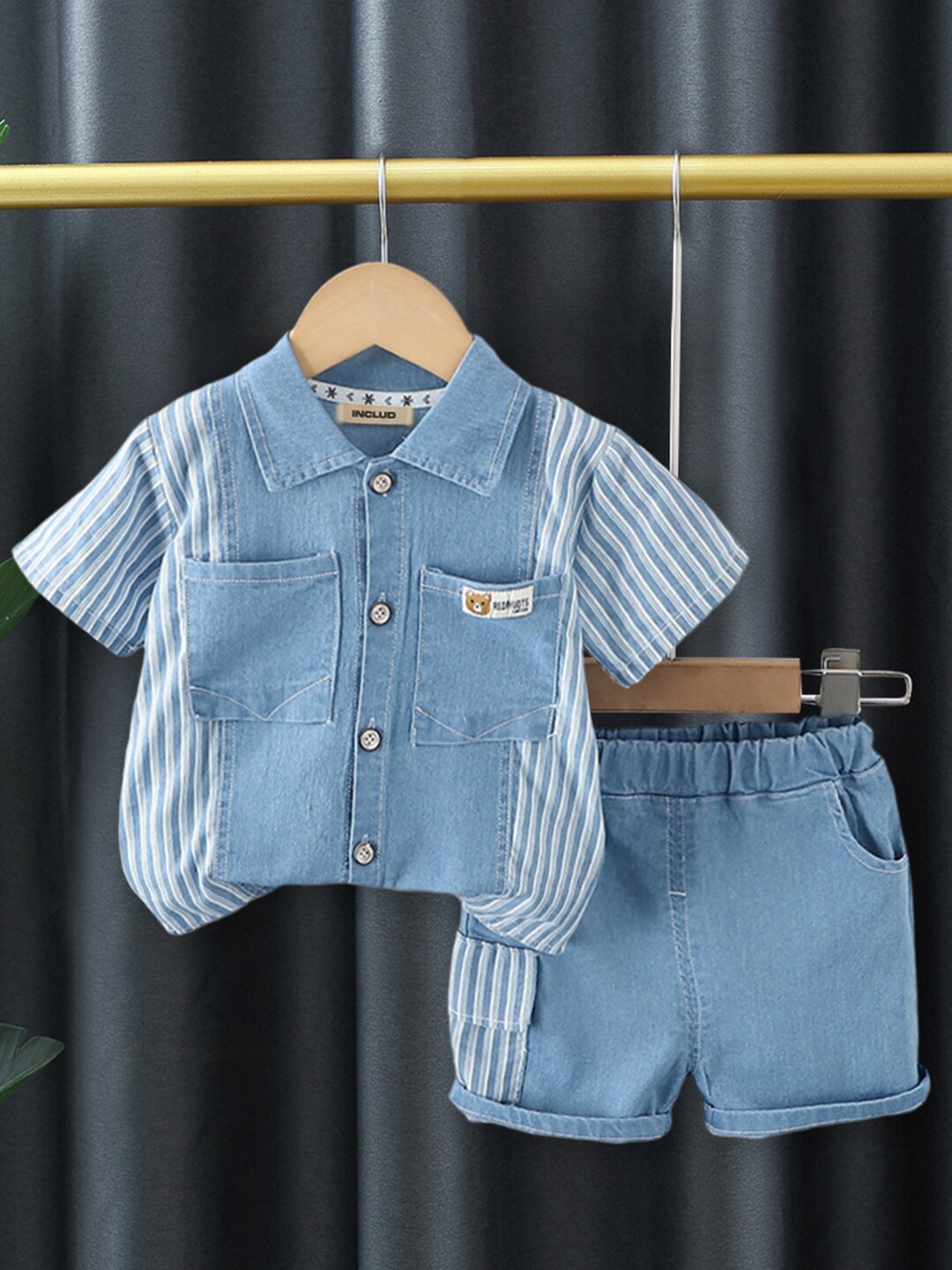 

INCLUD Boys Striped Shirt Collar Short Sleeves Shirt with Short, Blue