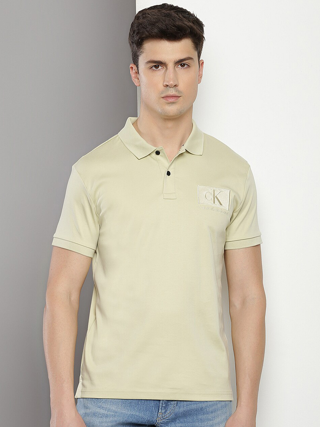 

Calvin Klein Jeans Polo Collar Cotton Slim Fit T-shirt, Beige
