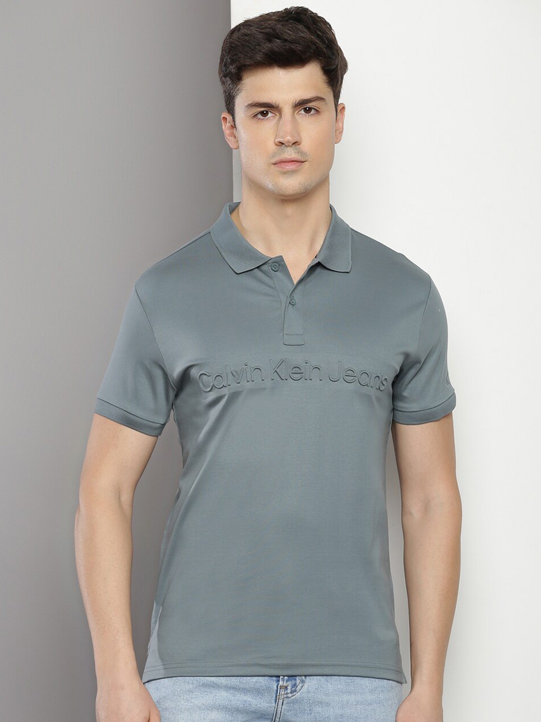 

Calvin Klein Embossed Polo Collar Short Sleeves Cotton Regular T-shirt, Blue