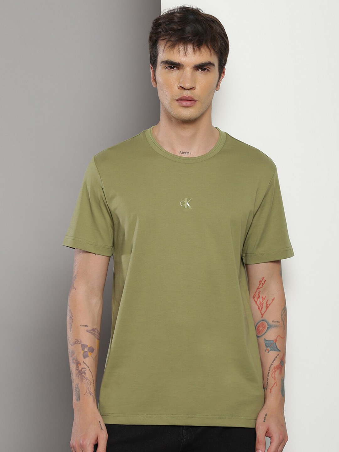 

Calvin Klein Cotton Round Neck Short Sleeves Casual T-shirt, Olive
