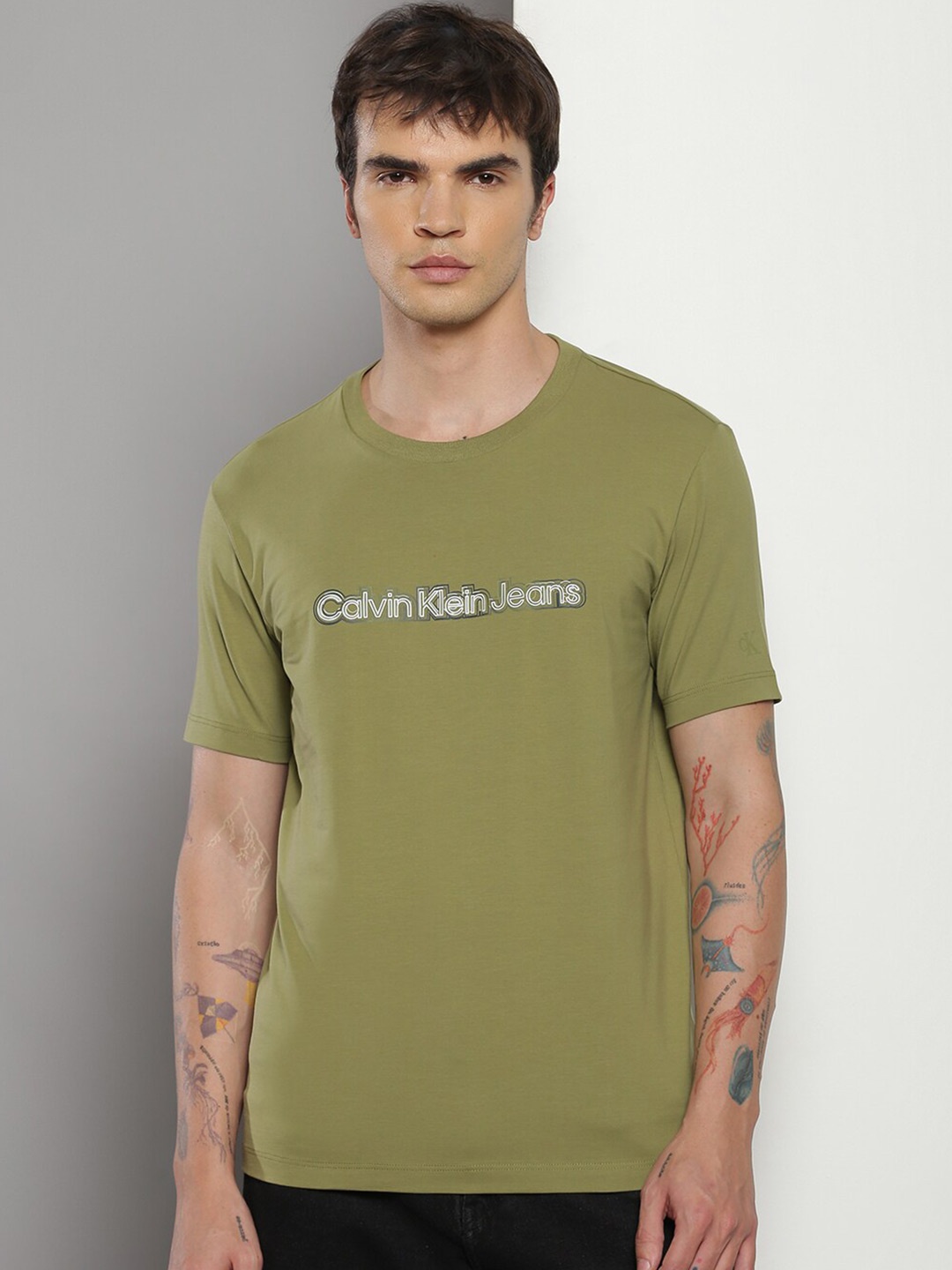 

Calvin Klein Typography Round Neck Applique Slim Fit T-shirt, Olive