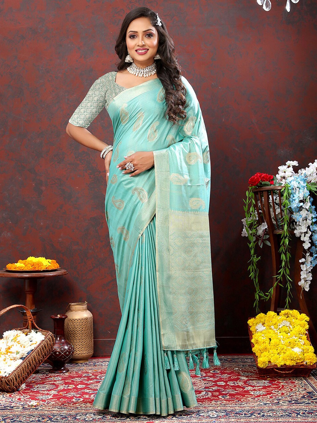 

MARGI DESIGNERS Paisley Woven Design Silk Cotton Zari Banarasi Saree, Turquoise blue
