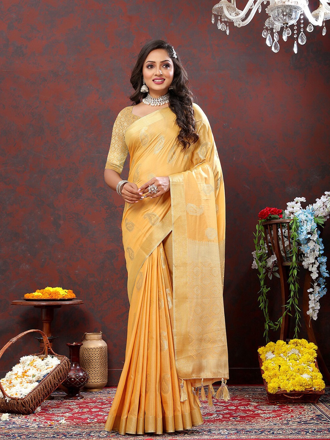 

MARGI DESIGNERS Ethnic Motifs Woven Design Silk Cotton Zari Banarasi Saree, Yellow