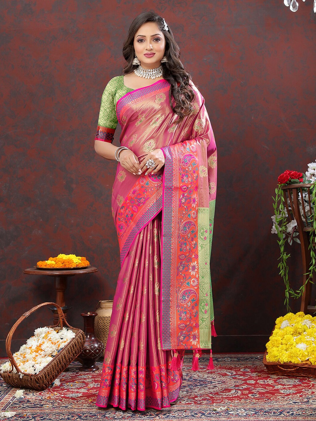 

MARGI DESIGNERS Ethnic Woven Design Zari Designer Kanjeevaram Saree, Pink