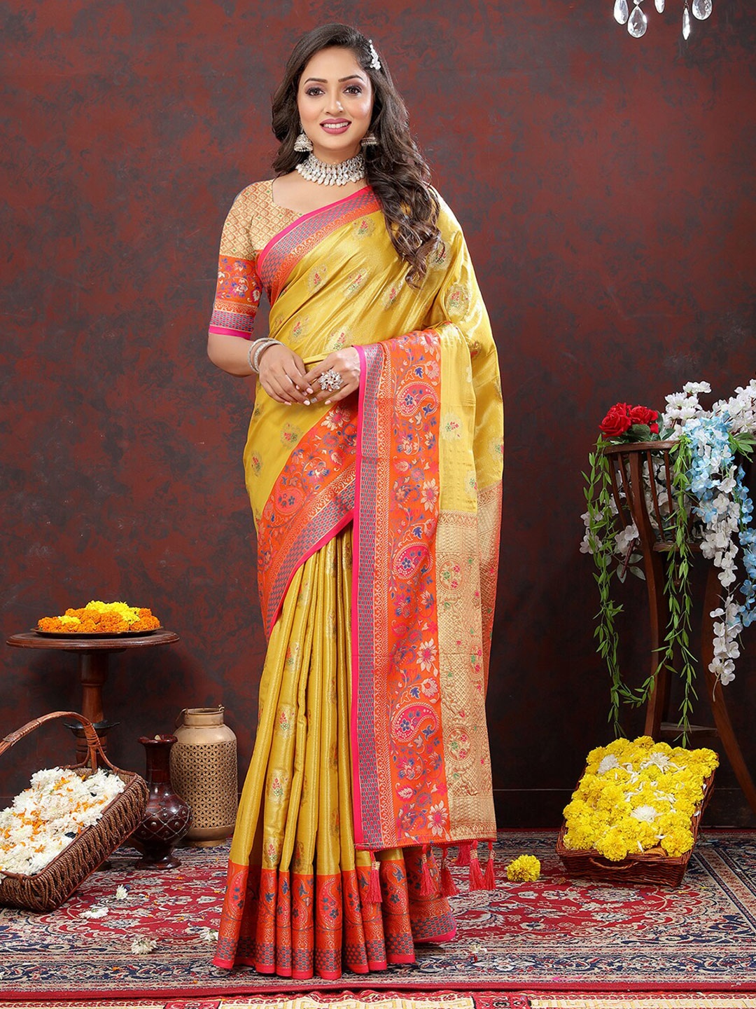 

MARGI DESIGNERS Ethnic Motifs Woven Design Zari Kanjeevaram Saree, Yellow