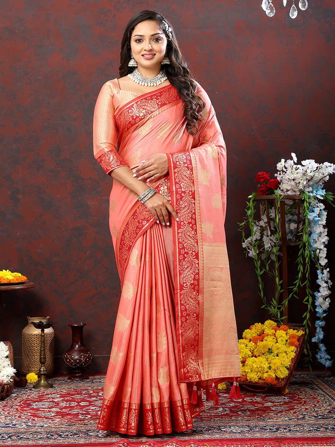 

MARGI DESIGNERS Ethnic Woven Design Zari Banarasi Saree, Peach